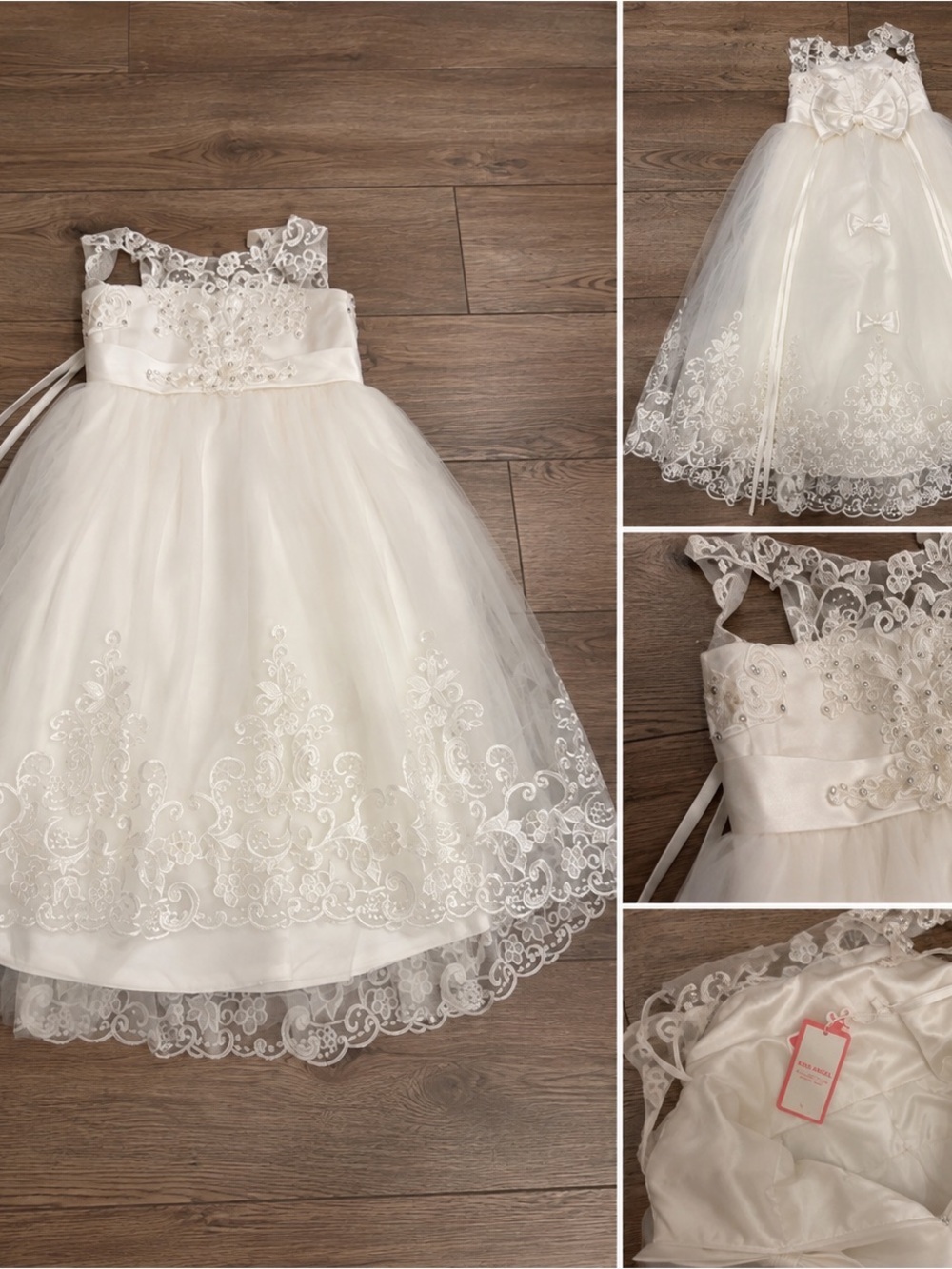 White Lace Tulle Girls' Party Dress, flower girl first communion dress with Bow